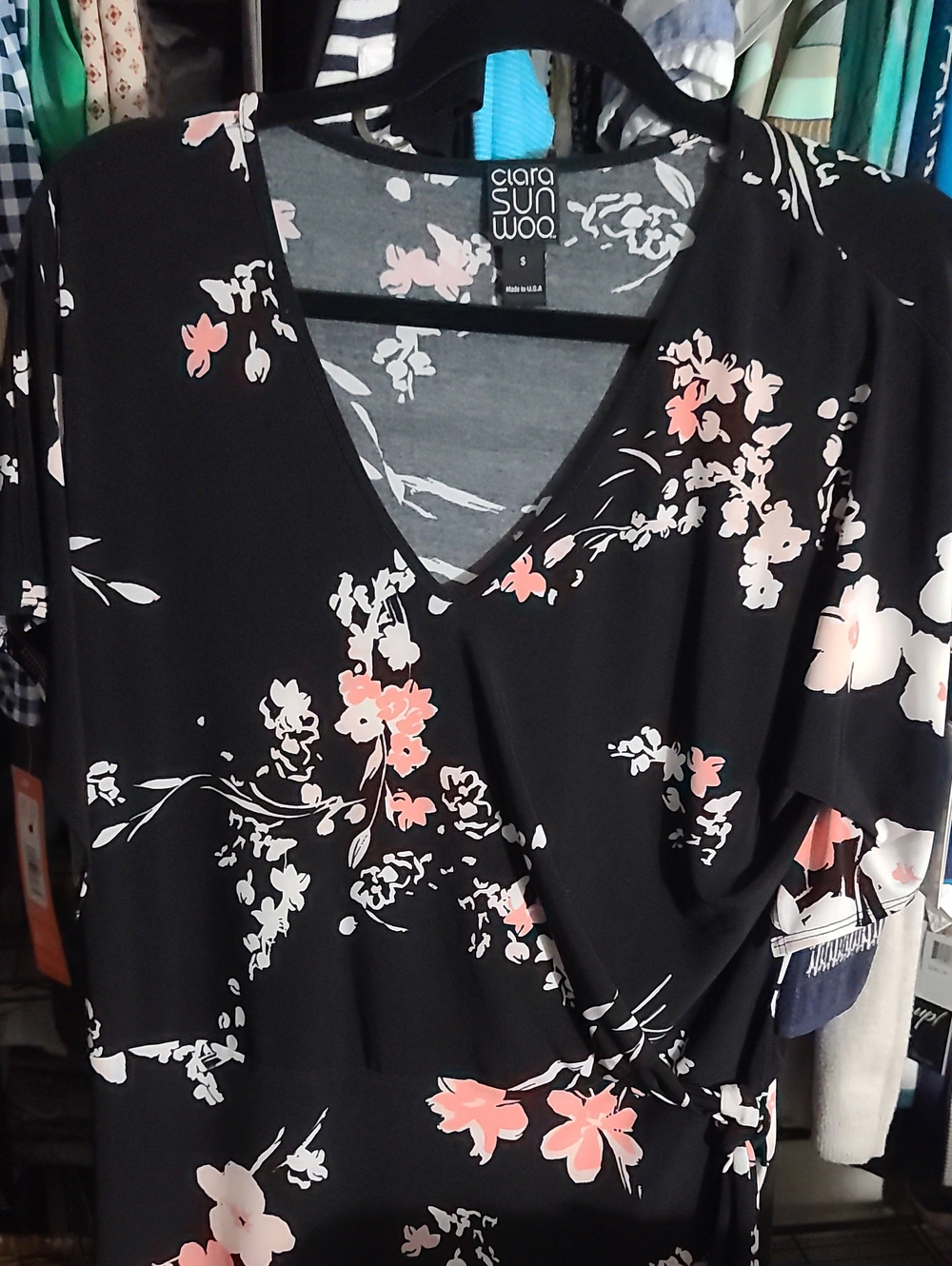Clara Sun Woo Black Floral Wrap Tunic with Pink & White Blooms
